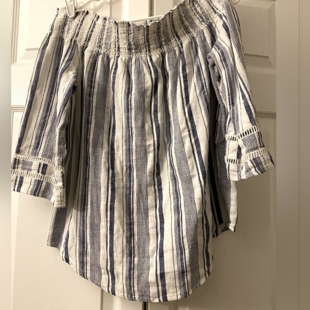 Studio West Off Shoulder Striped Top Blue/Ivory